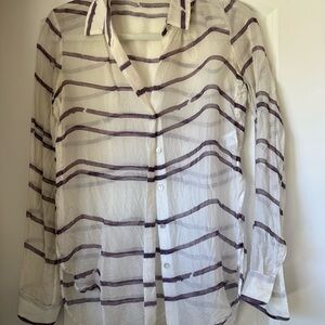 Sheer White Button-Up Shirt with Dark Stripe